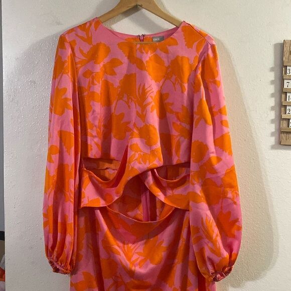 Like New Orange Floral Wrap Front Cutout Pink Midi Dress - Picture 3 of 8